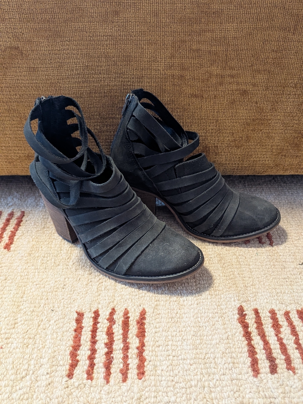 Free People Black Strappy Suede Block Heel Booties